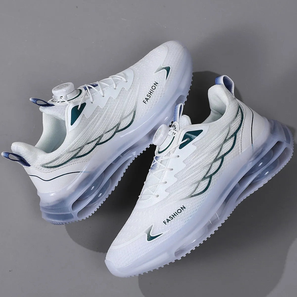 White men's low-top casual sneakers with rotating button on lace-up front and mesh upper.