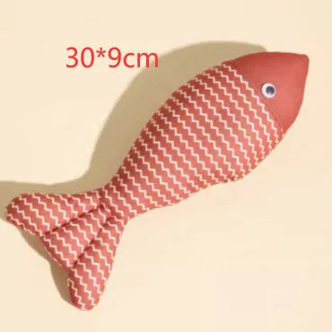 Blue, red, and yellow fish-shaped cat toys in large and medium sizes on a white background.