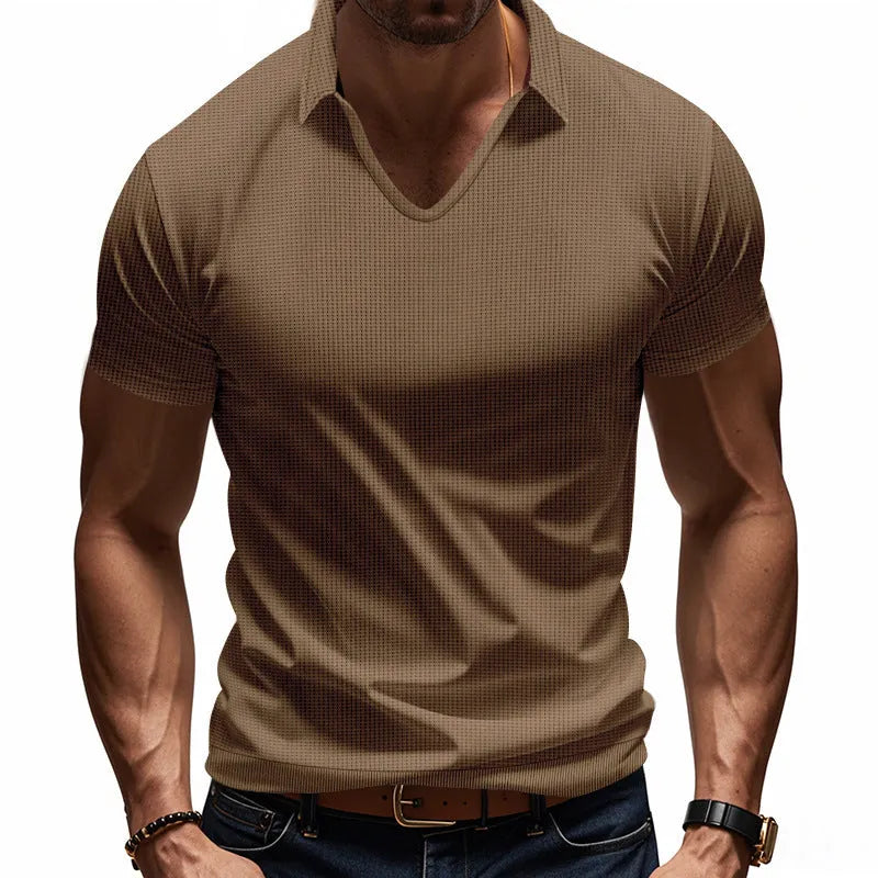 Men's casual V-neck t-shirt in loose fit with short sleeves, shown in light blue colour