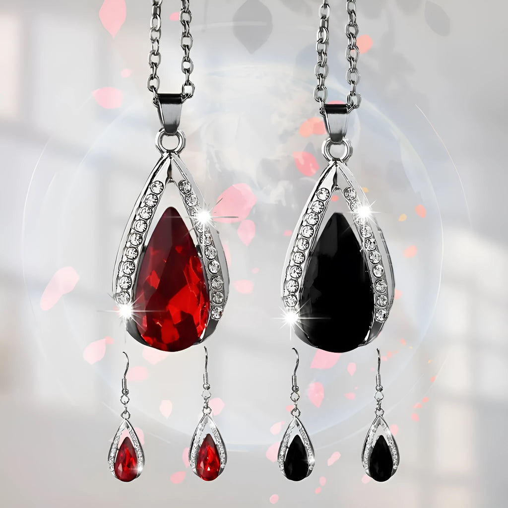 Black and red teardrop glass pendant necklace and matching earrings set with water droplet design