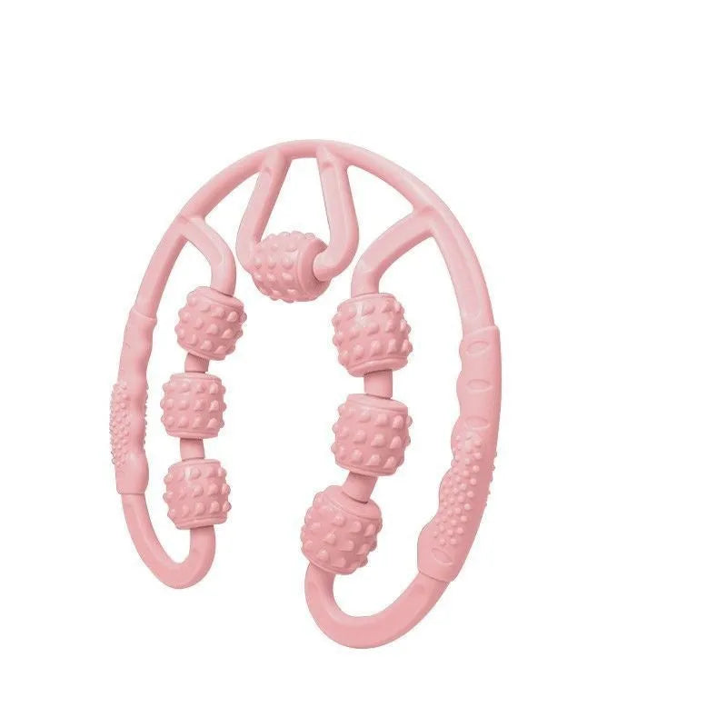Leg massager roller with clip ring in various colours showing multi-wheel design for muscle relaxation