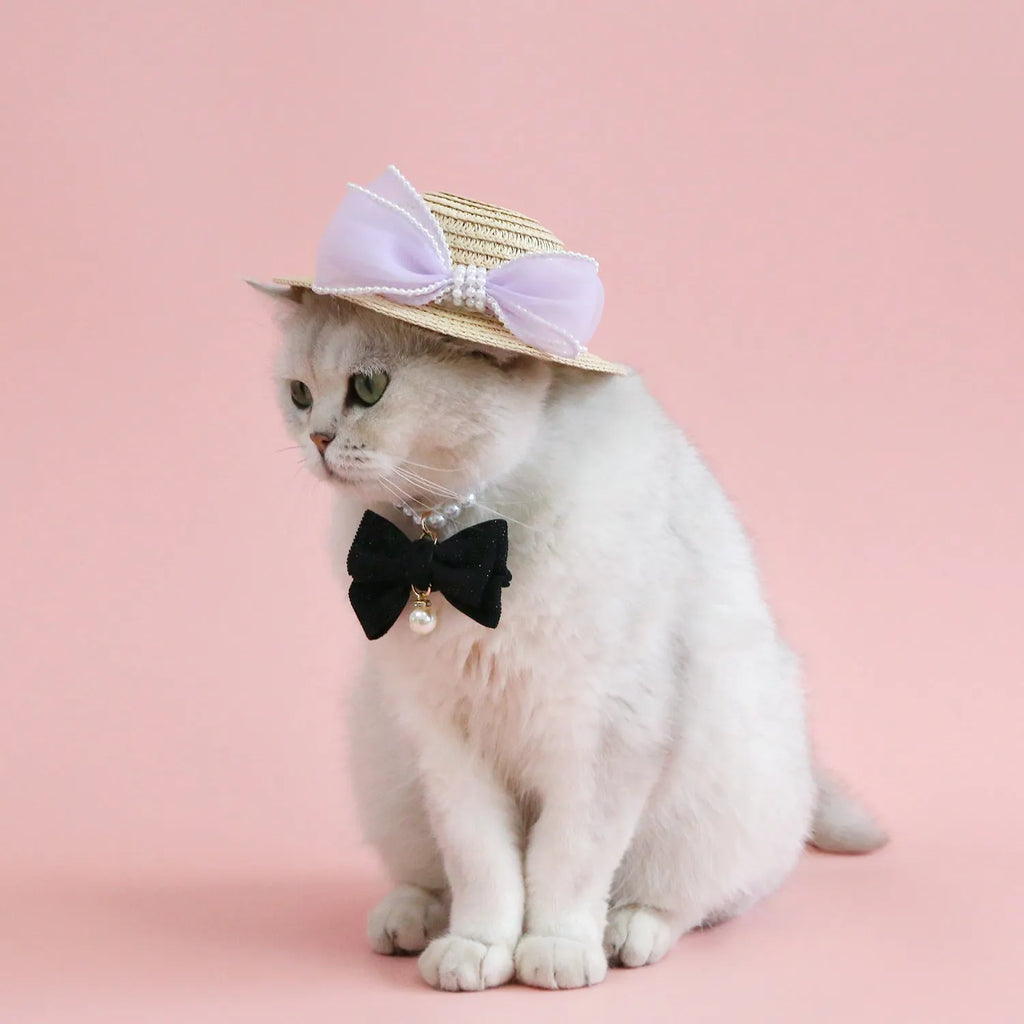 Woven straw pet cat hat with pearl bow in pink blue purple or white