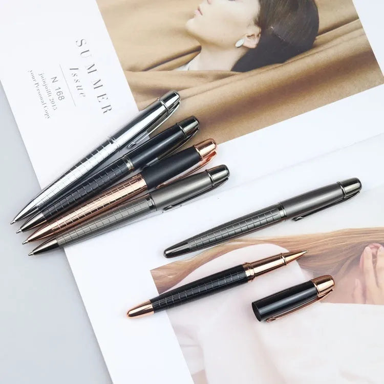 Gun grey metal roller pen measuring 13.5cm with water-based paint refill