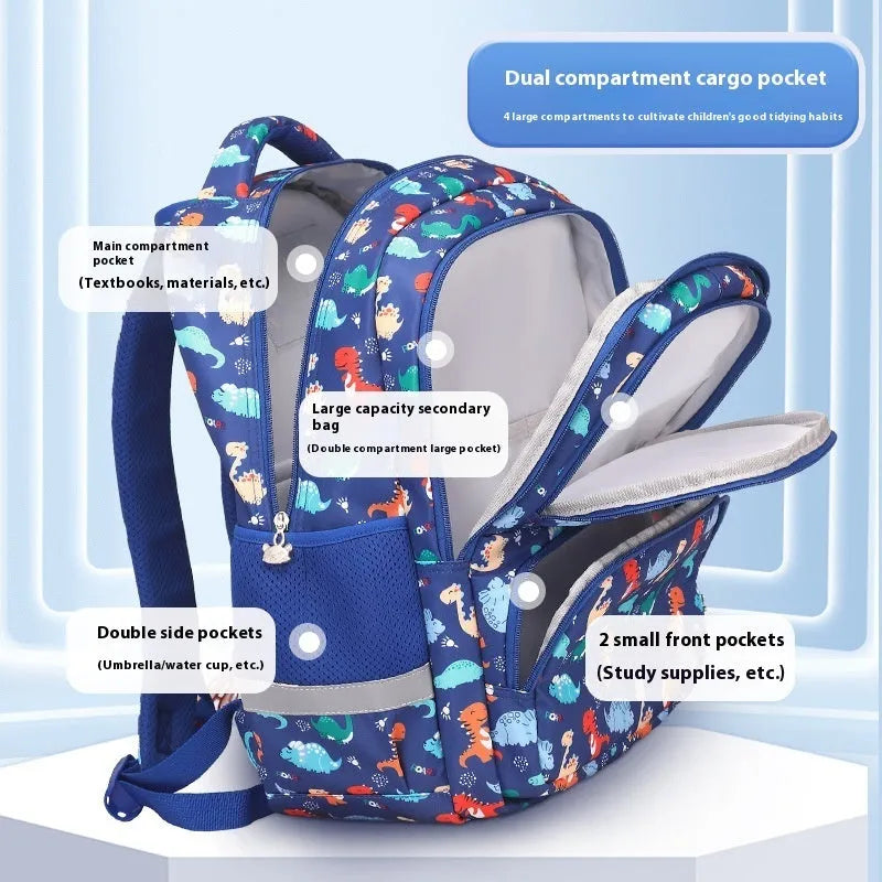 Children's waterproof school backpack in Oxford cloth with curved shoulder straps and spine protection feature
