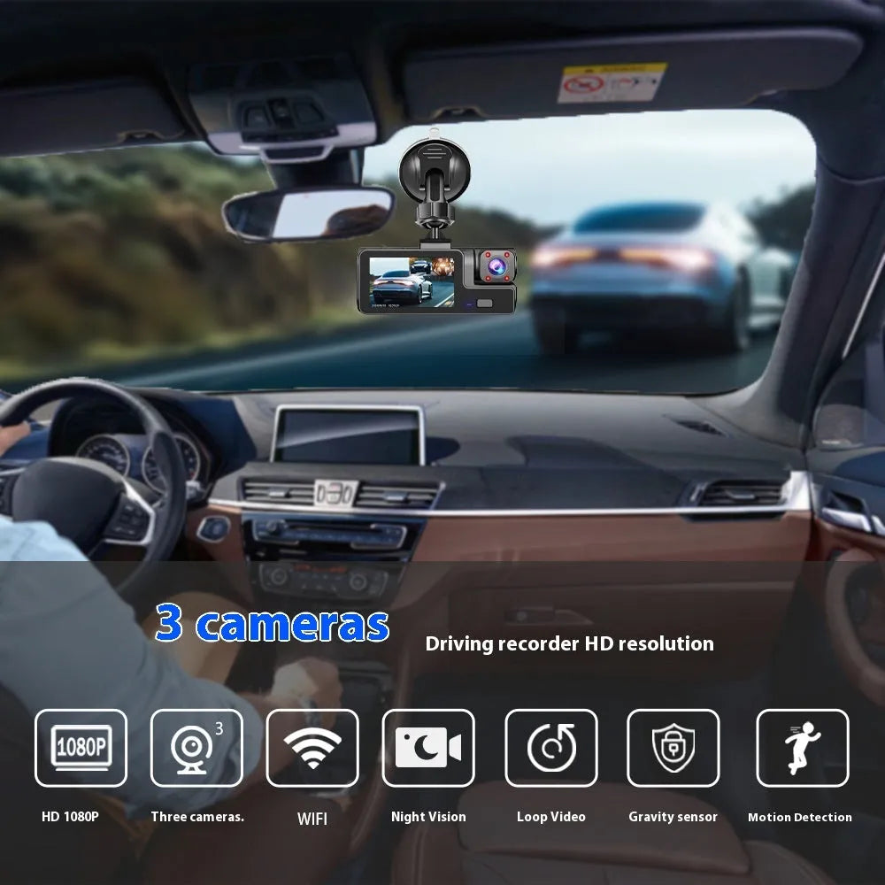 WiFi-enabled car dash cam with 2-inch screen showing on-device display
