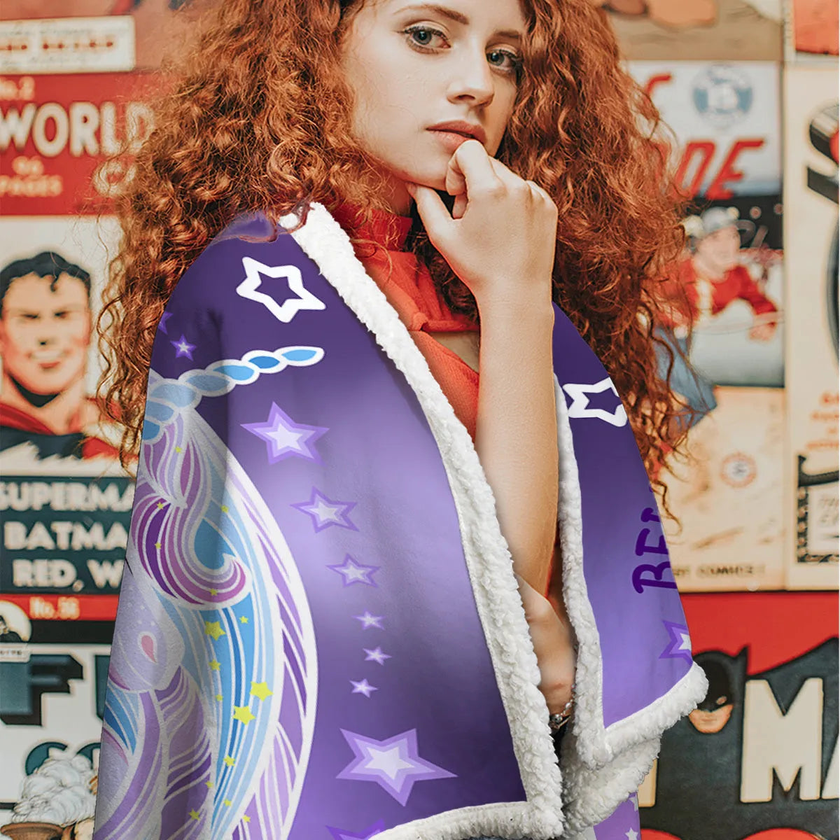 Purple unicorn Sherpa fleece blanket with hemmed edges, available in 130x150cm and 150x200cm