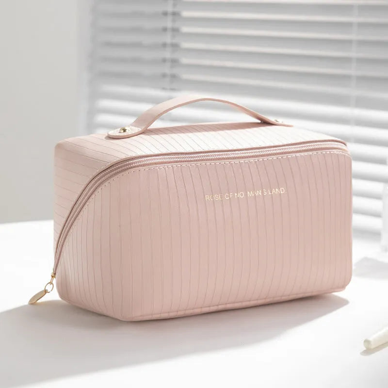 Cubic vertical pattern PU makeup bag in beige available in multiple colours for travel storage