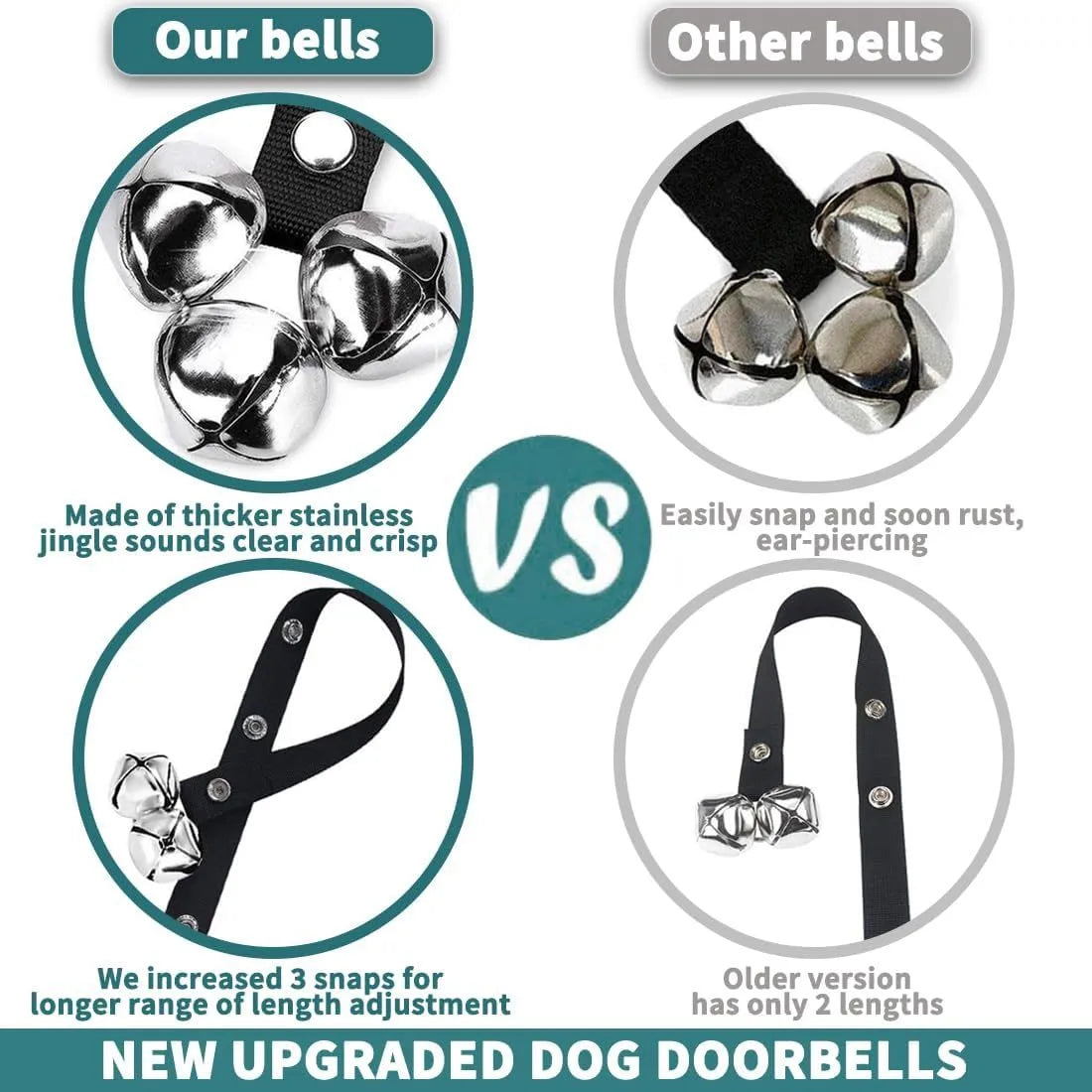 Silver metal dog training bells on an adjustable nylon leash for potty training