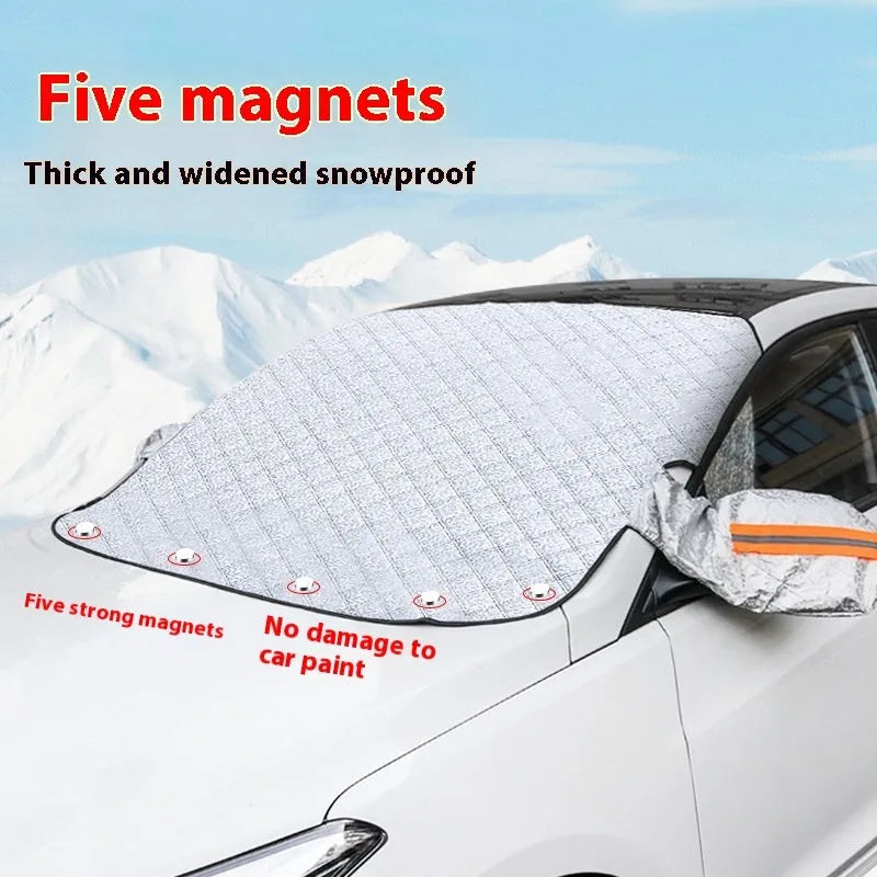 Winter car windshield cover for SUVs with aluminium foil construction and five magnets