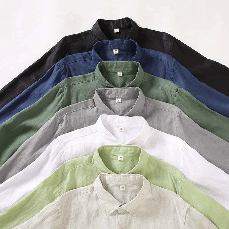 Long sleeve linen cardigan-style shirt in a solid colour, shown with a loose fit.