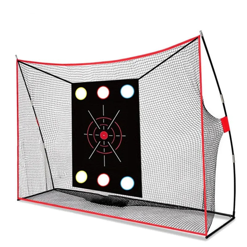 Golf training net with three target holes, practice balls, tee and assembly accessories on straw mat