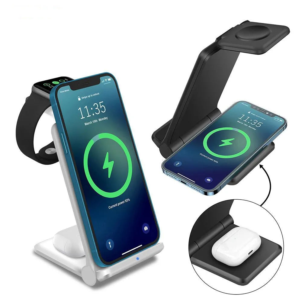 White foldable 3-in-1 wireless charging station for iPhone, Apple Watch, and AirPods.