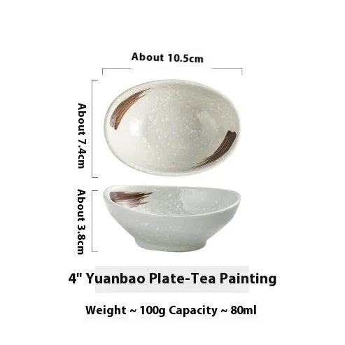 Japanese ceramic oval sauce dipping bowl with decorative glaze pattern