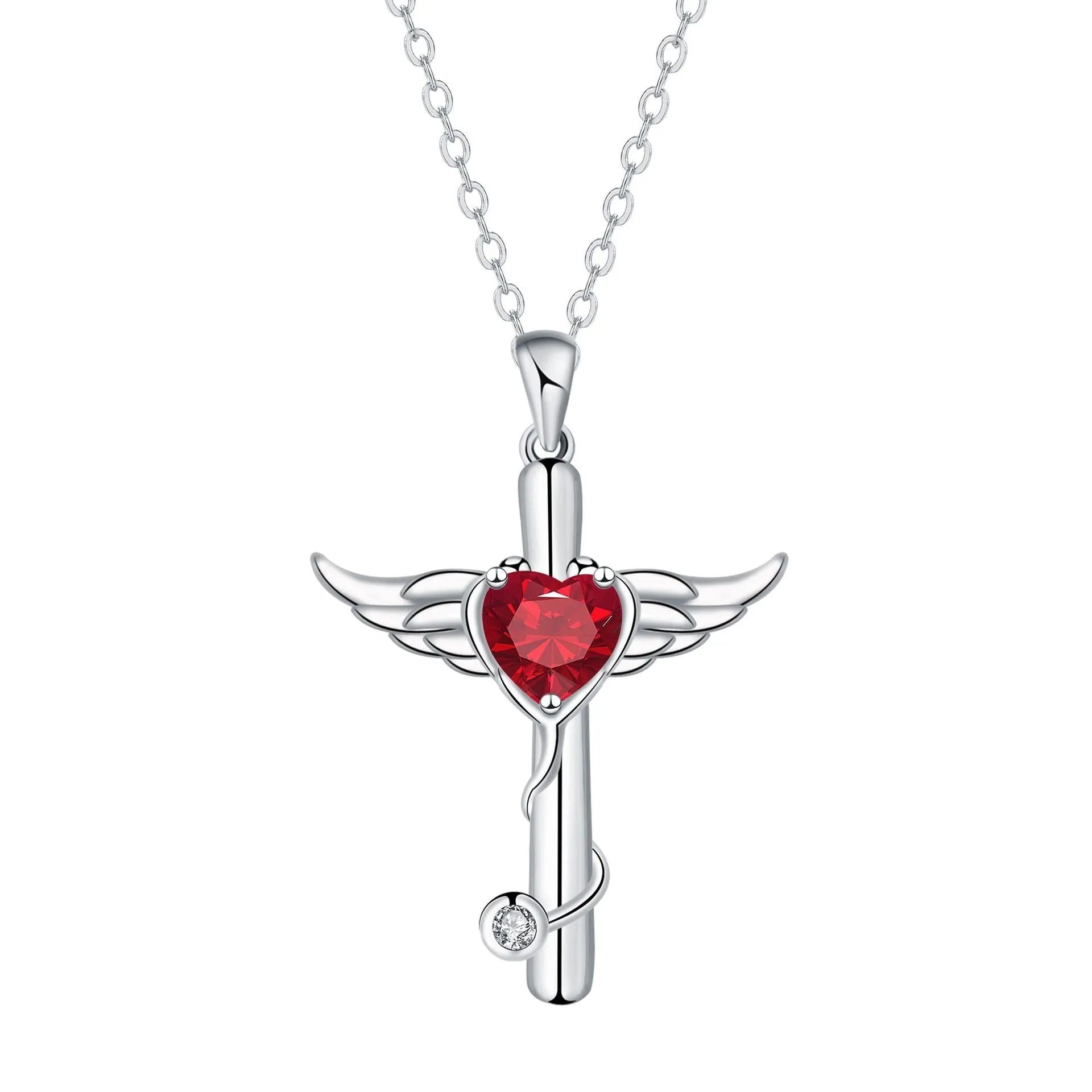 Close-up of a cross and angel wings charm on an adjustable stethoscope chain necklace.