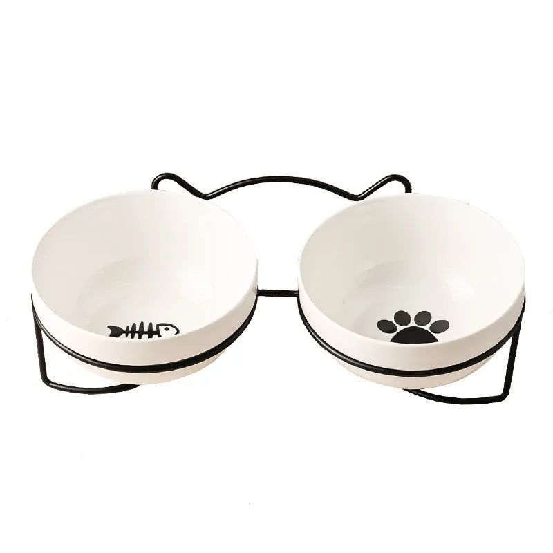 White ceramic pet bowl with cat footprints pattern in black iron cat ear frame