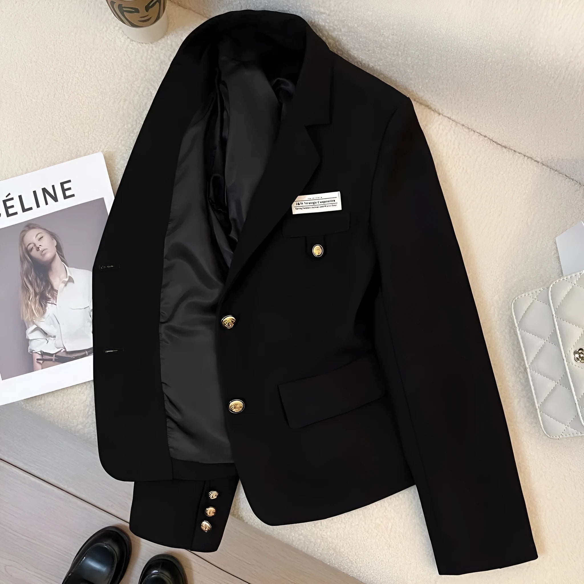 Black women's short suit coat with loose fit design and regular long sleeves