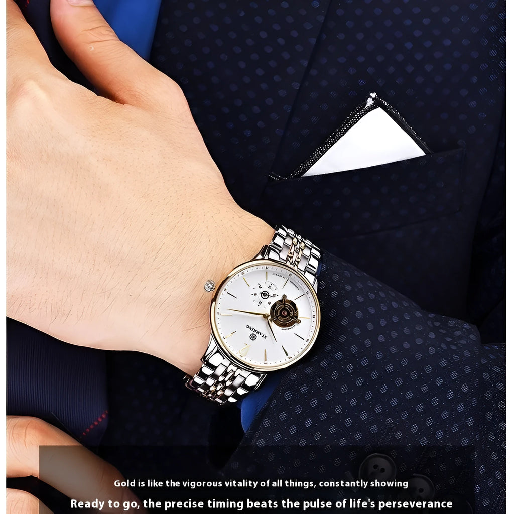 Automatic mechanical men's waterproof business watch with circular dial and stainless steel case