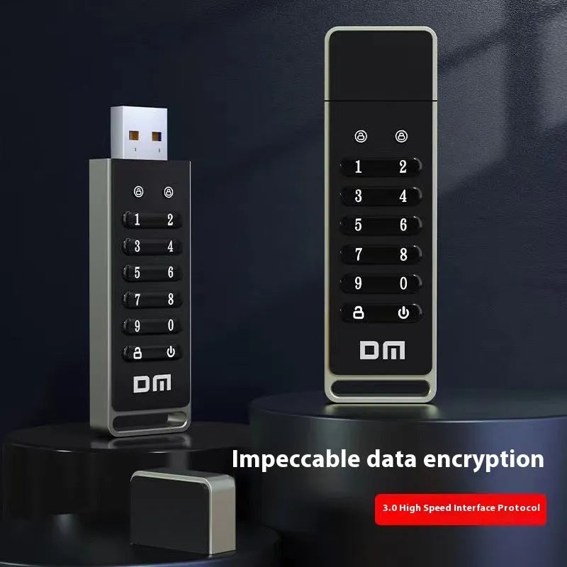 Silver metal fingerprint-encrypted USB flash drive showing size and scanner.