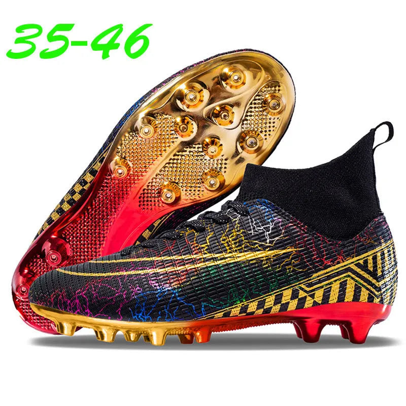 High-top soccer training shoes with gold plated bottom detail in synthetic leather and mesh construction