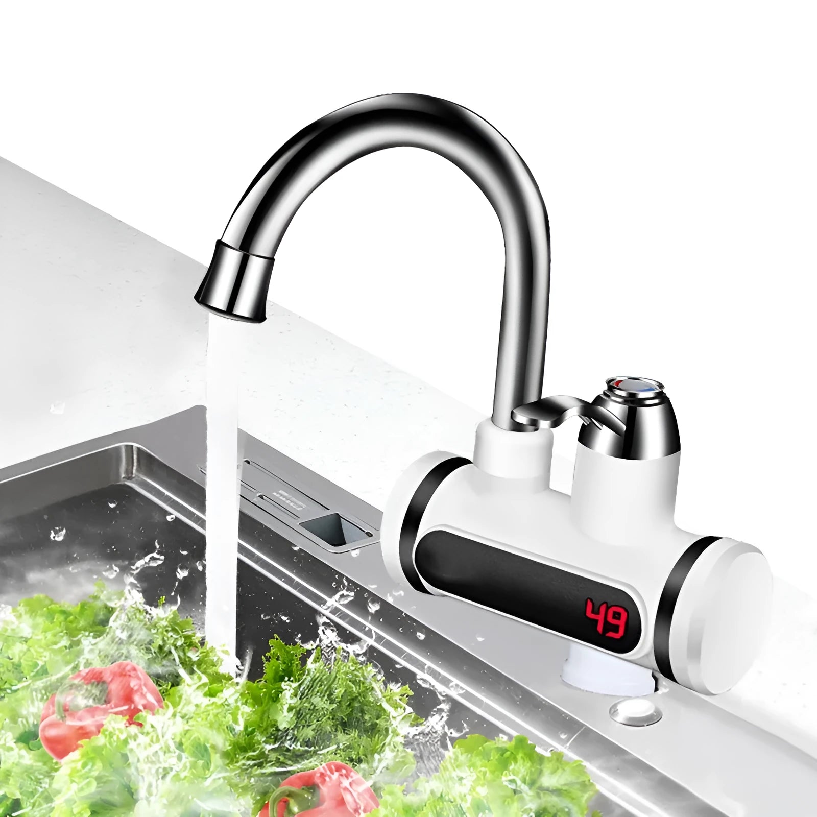 White 3000W instant electric water heater tap with digital temperature display and EU US plug options