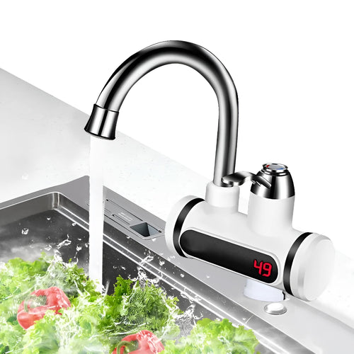 White 3000W instant electric water heater tap with digital temperature display and EU US plug options