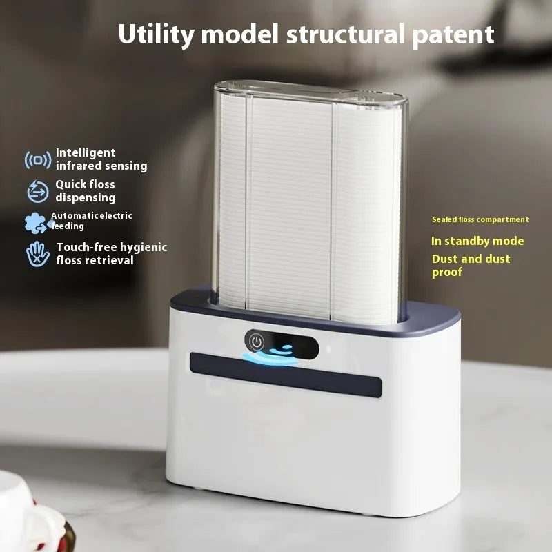 Intelligent induction dental floss box in dark grey colour showing automatic pop-up mechanism with rechargeable battery