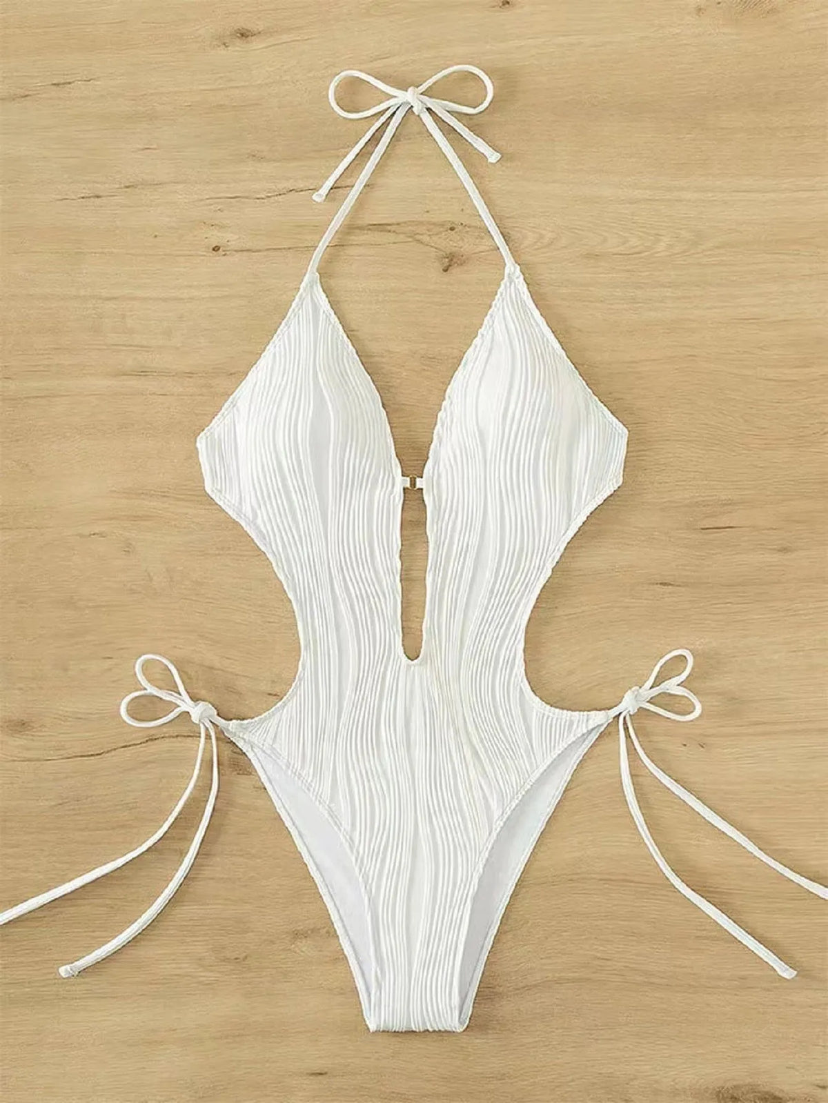 Women's black lace up triangle bikini swimsuit with solid colour polyester fabric