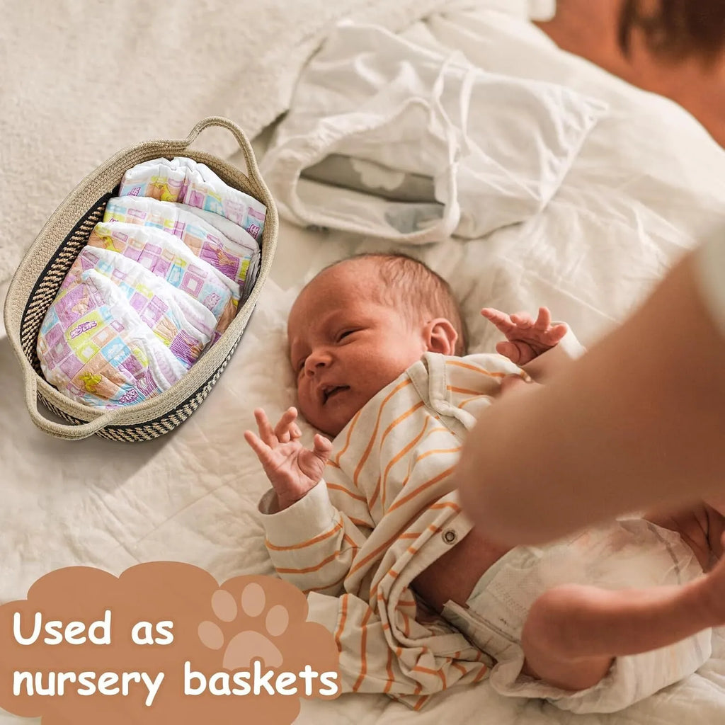 Light beige handmade cotton rope storage basket with handle for nursery toys and home organisation