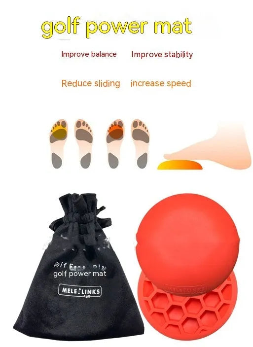 Orange natural rubber golf training mat for swing practice with centre of gravity design