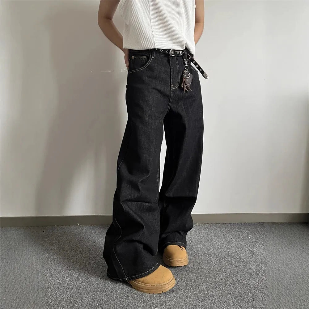 Black retro straight-leg jeans with loose wide-leg fit and mid-rise waist