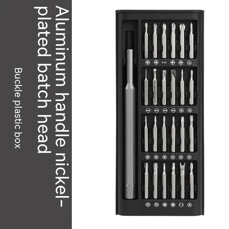 24-in-1 precision magnetic screwdriver repair tool set with bits displayed next to aluminium and plastic handle options.
