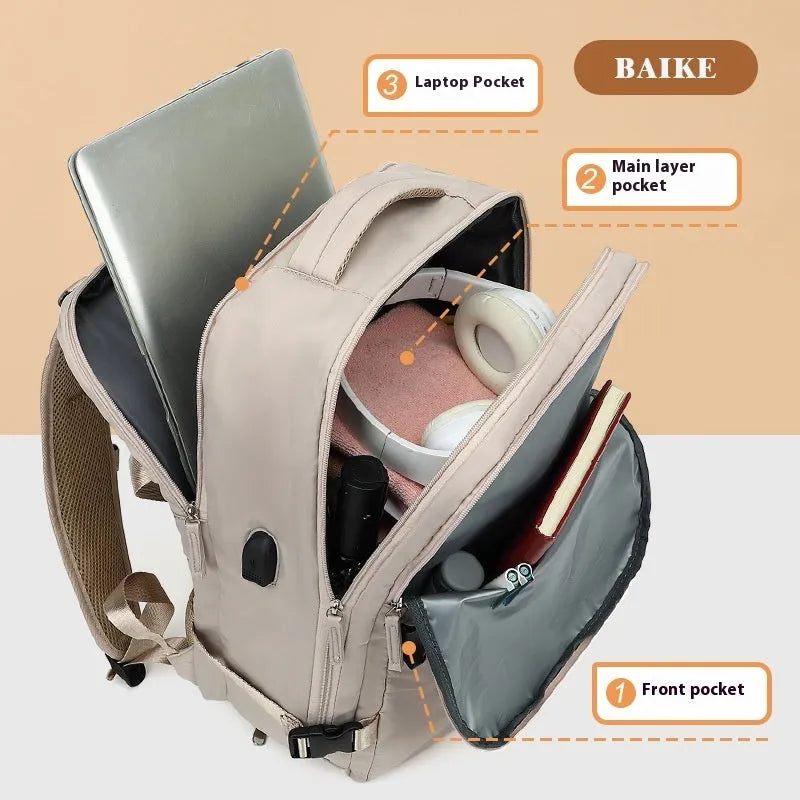 Large capacity waterproof Oxford cloth backpack in solid color with curved shoulder straps for travel and school use