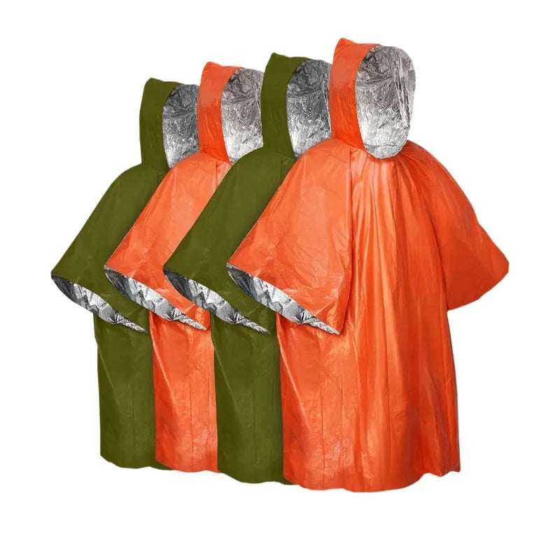 Marathon Wild orange or army green cross-country raincoat poncho laid flat showing 100x130cm size