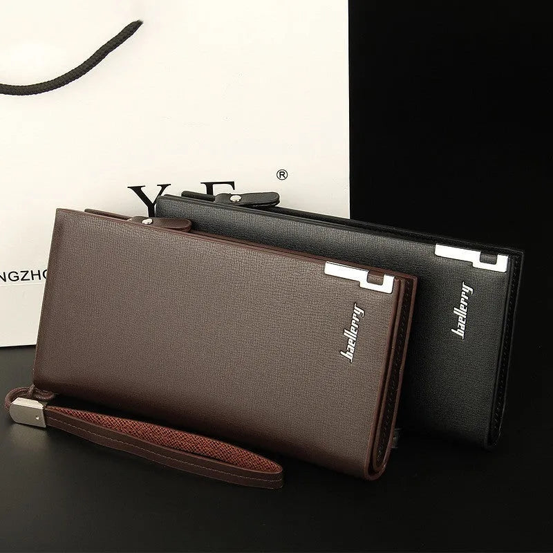 Men's long black PU leather wallet with a silver zipper closed