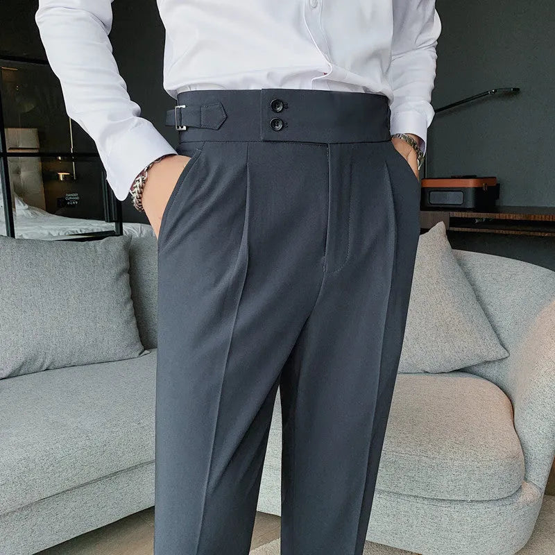 Men's straight-leg casual trousers in solid colours on a neutral background.