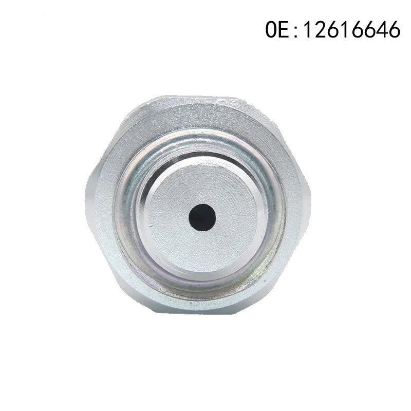 Silver metal automotive fuel pressure sensor for part numbers 12616646 and 12677836.