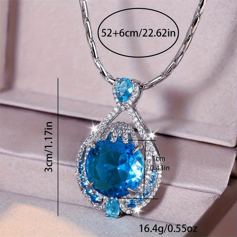 Blue geometric crystal pendant necklace with water wave chain, women's jewellery with fireworks-cut gems