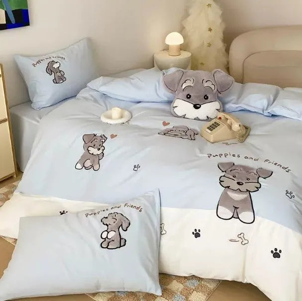 Cute Schnauzer cartoon embroidered bedding set with quilt cover, sheet, and pillowcases on bed