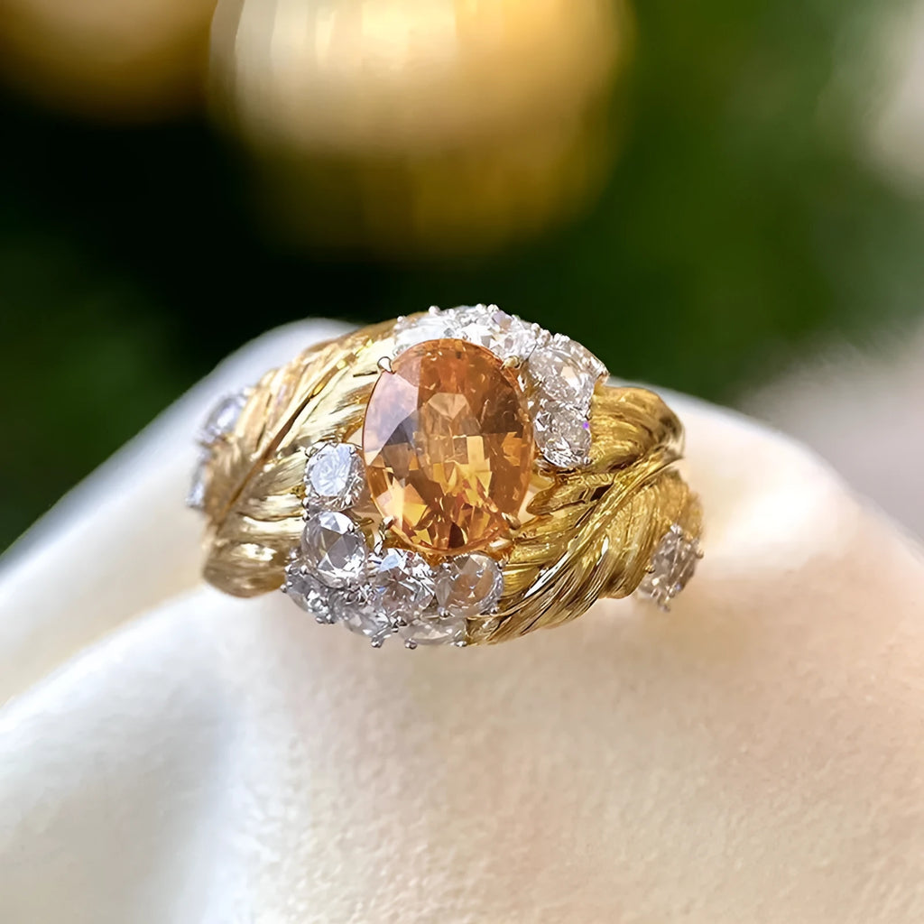 Gold copper feather embossed ring with yellow zircon stones for women