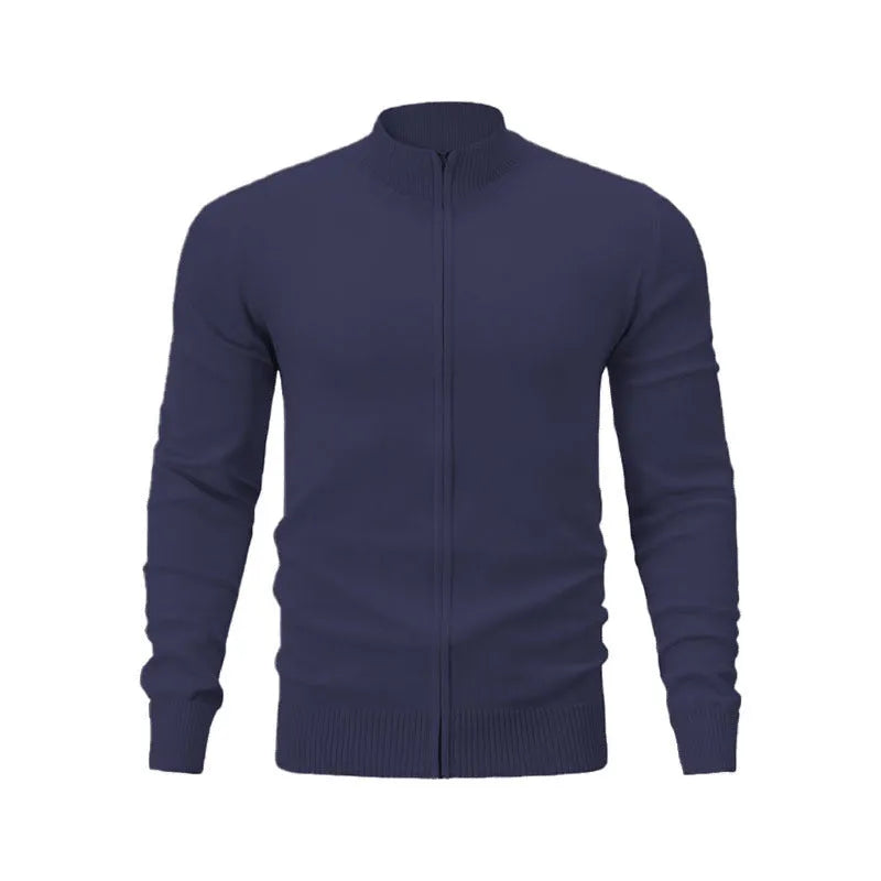 Man wearing a dark grey zip-front stand collar casual cotton cardigan