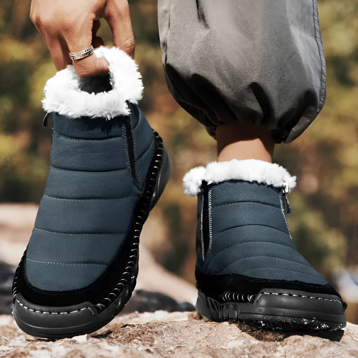 Men's green plus size snow boot with round toe, flat heel, and non-slip rubber sole.