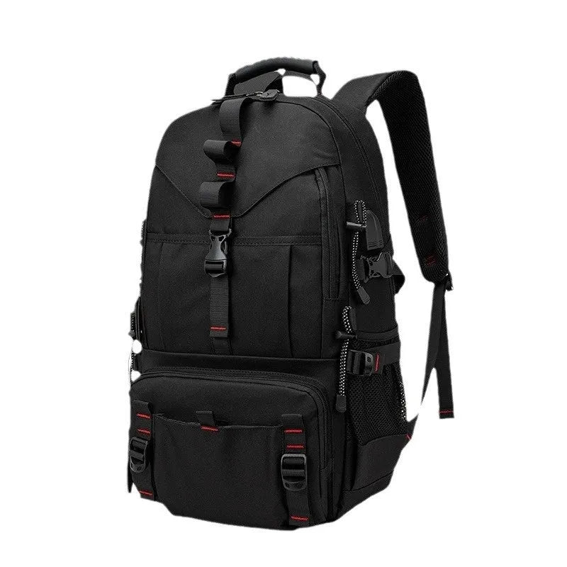 Men's large black waterproof oxford cloth hiking backpack with contrast straps and multiple compartments.