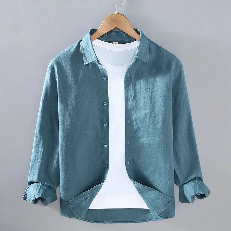 Men's solid colour linen cardigan shirt in ankarat red, showing long sleeves and simple design.