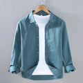 Men's solid colour linen cardigan shirt in ankarat red, showing long sleeves and simple design.