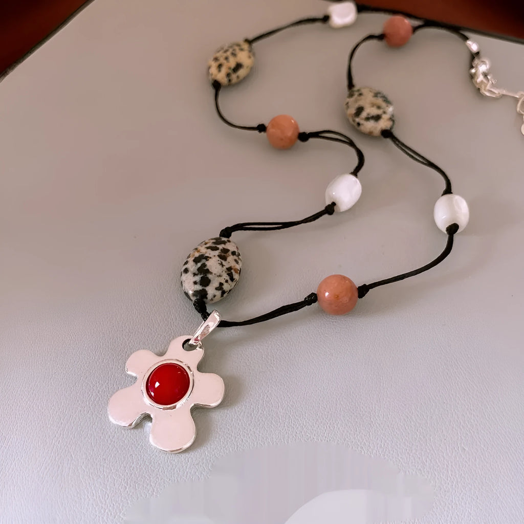 Stone shell beaded flower pendant necklace on electroplated alloy chain with adjustable 51-60cm length