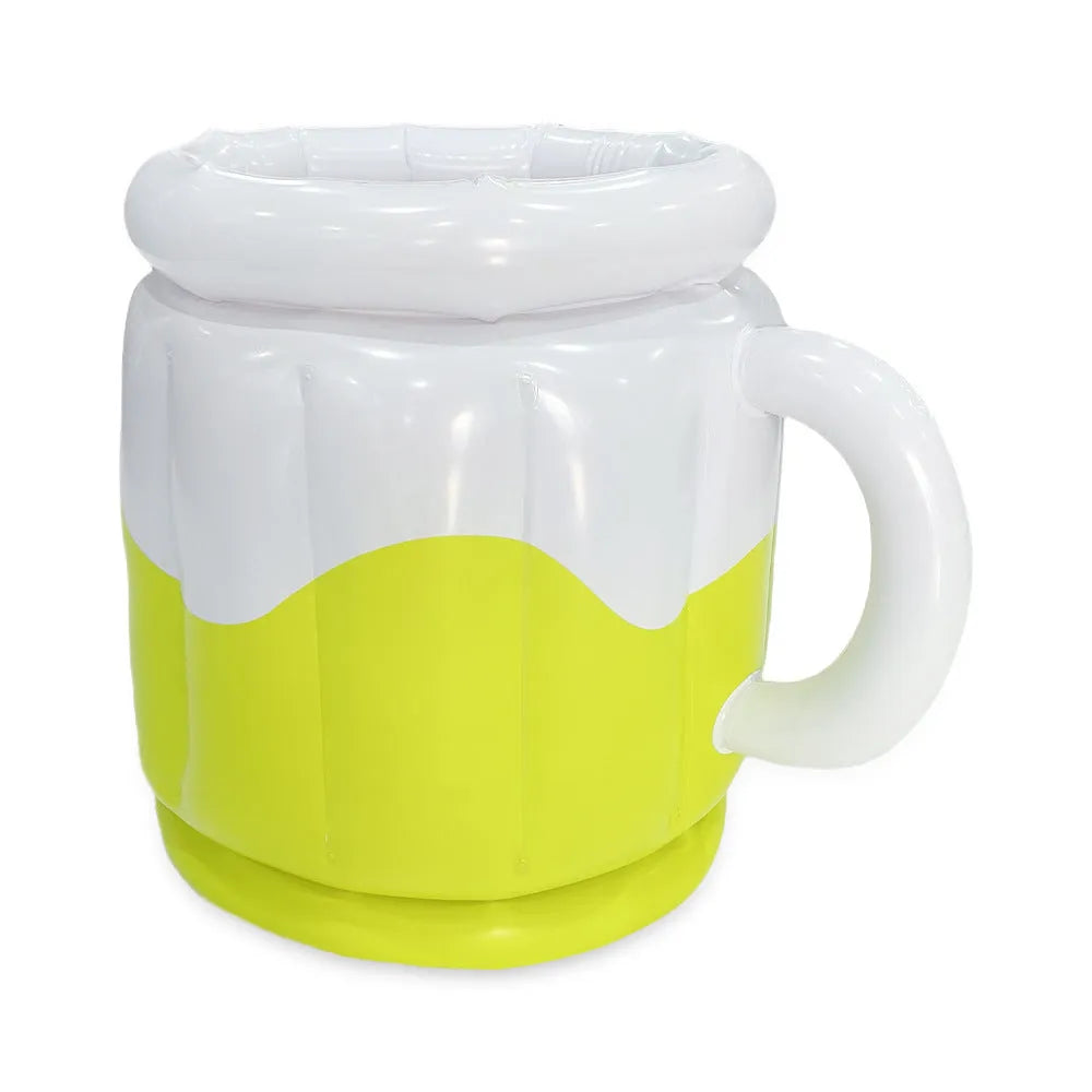 Yellow inflatable PVC ice bucket for beer steins and drink cans at an outdoor setting.