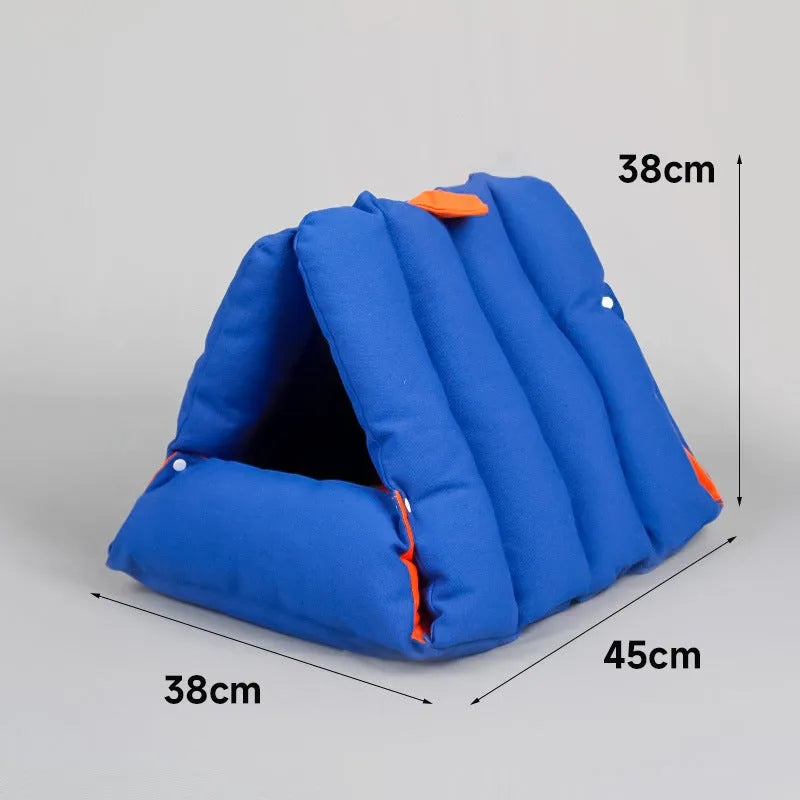 Blue triangular sofa-style cat bed with a removable cover and connection holes on the side.