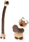 Brown, grey, and yellow plush dog toys with squeakers and crinkle paper inside.