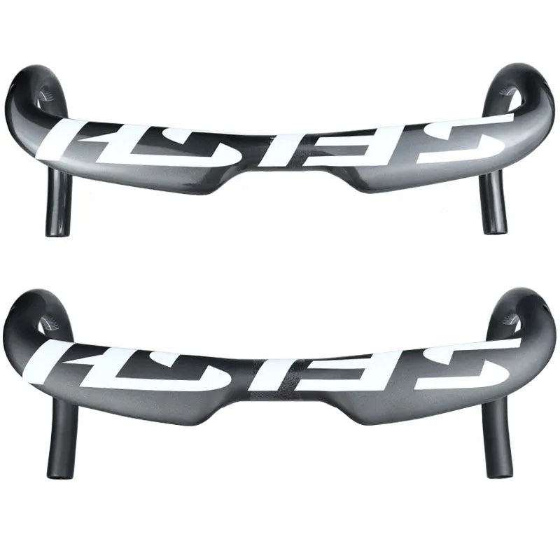 Carbon fibre road bike bent handlebar shown in black, with close-up of 31.8mm clamp area and bar ends.