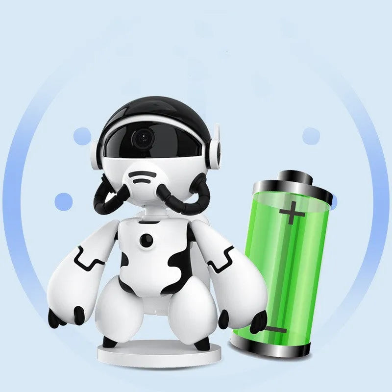 White Space Robot wireless home security camera on a table with a wide-angle lens.